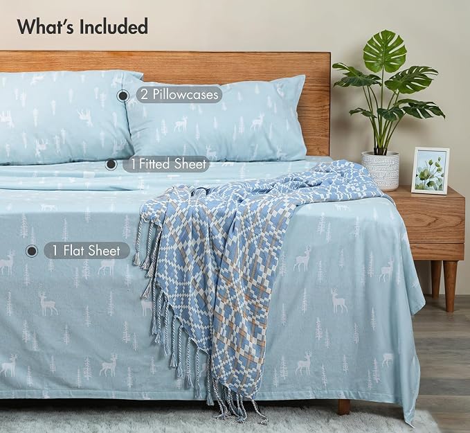 RUVANTI Flannel Sheets King Size - GOTS Certified 100% Organic Cotton, 4 Piece Warm, Soft & Breathable Set, Deep Pocket Snug Fit, Double Brushed Cozy All Season Bedding, Blue Pine