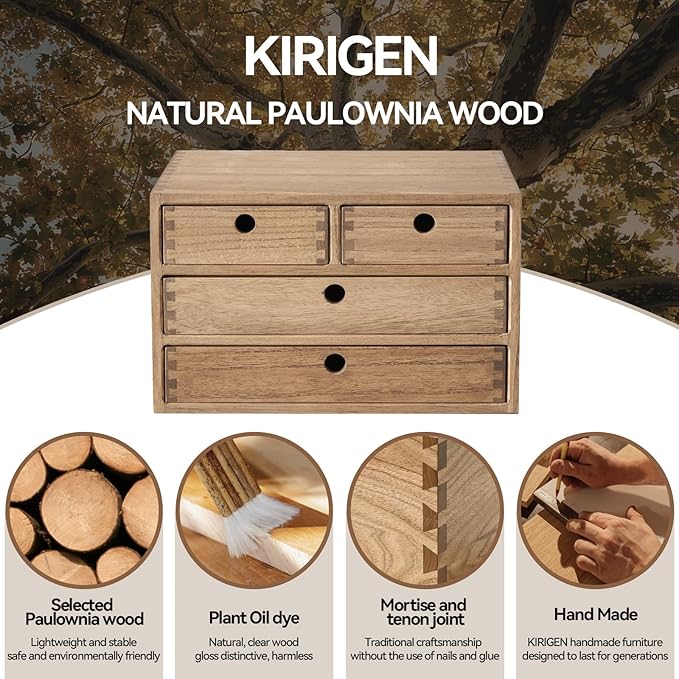 KIRIGEN Wood Desktop Storage Cabinet with 4 Drawers, 3-Tier Desk Organizer for Letter-Size Paper, Mail, Home Office Supplies, Makeup, Crafts, Desk or Countertop, Fully Assembled, Brown WJG34-DBR