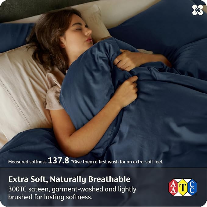 Bedsure GOTS Organic Cotton Queen Duvet Cover Set, Navy Blue, 90" x 90" | for Sensitive Skin—8 Interior Ties Keep Insert Secure, Hidden Zipper, Breathable Comfort in Ivory with 2 Pillow Shams