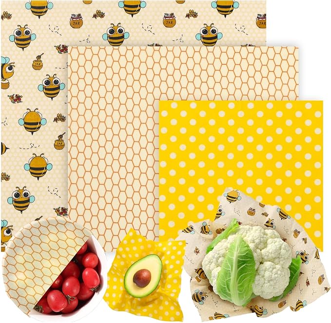 Reusable Beeswax Food Wraps Set - 3 Pack (S,M,L) for Bread, Sandwiches, Cheese & Bowl Covers | Food Storage | Organic, Zero Waste, Plastic and Silicone Free