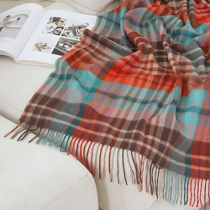 Soft Pure Wool Throw Blanket, Lightweight Warmth, 55"x83", Plaid, Fringe, Compact with Bag, Useful Gift for Women Men, All Season Decorative Cozy Travel Blanket for Couch Bed, Outdoors