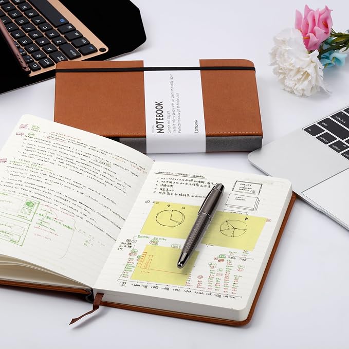 Lemome Thick Classic Notebook with Pen Loop A5 College Ruled Hardcover Writing Notebook with Pocket + Page Dividers Gifts, Banded, Large, 180 Pages, 8.4 x 5.7 in