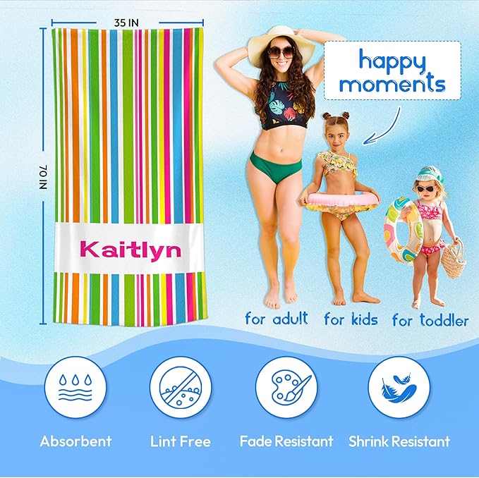 JML Custom Beach Towel with Name, Personalized Microfiber Beach Towel with Name, Large, Soft, Quick Dry & Absorbent for Swim, Pool,Adult,Summer Holiday,Vacation,Travel,Gift for Anniversary, Birthday