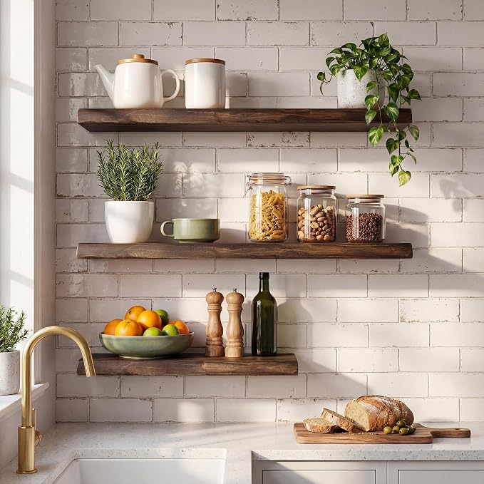 36" Live Edge Floating Shelves, Solid Elm Wood Shelf, Set of 2 | 1.4" Extra Thick, 9.3" Deep Heavy Duty Storage, FSC Certified Vintage Weathered Finish for Kitchen & Coffee Bar