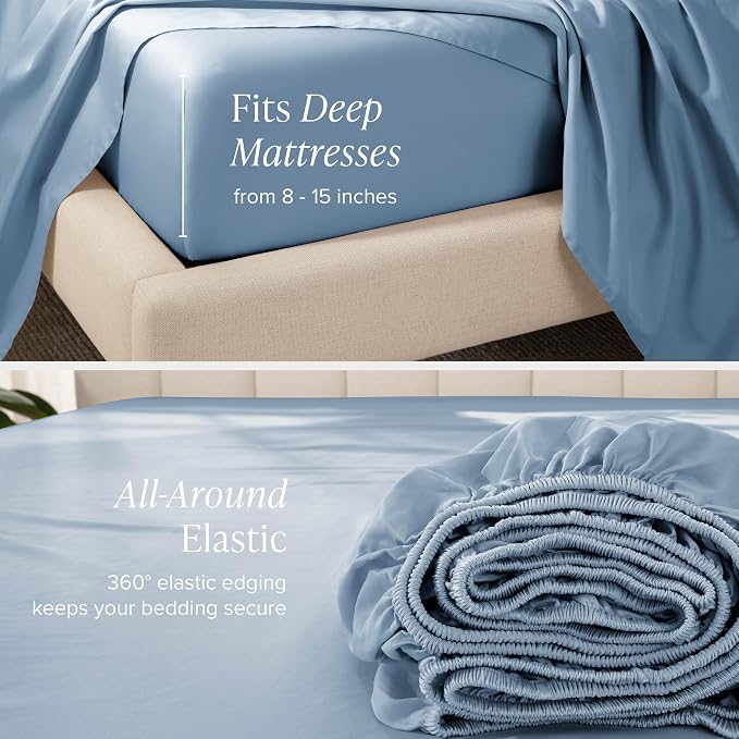 Bare Home 100% Organic Cotton Twin Extra Long Sheet Set - 400 Thread Count - Smooth Sateen Weave - Breathable & Cooling - Hotel Luxury Set - Deep Pocket Bed Sheets (Twin XL, Dusty Blue)