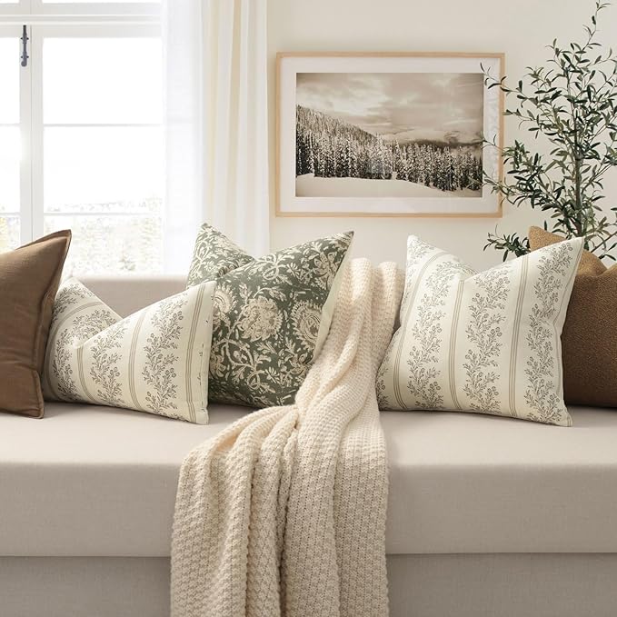 Vintage Throw Pillow Covers 22x22 Set of 2, Striped Floral Pillow Cover Botanical Patterned Decorative Cushion Covers Modern Farmhouse Home Decor for Sofa Couch Bed Living Room, Light Brown