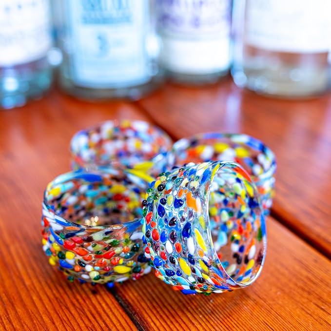 Mezcal Cups | Hand-Blown Glass, Artisan Crafted | Rainbow Confetti | Sipping Copitas perfect for Mezcal or Tequila | Set of 4