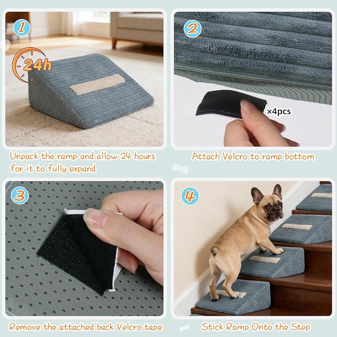 Foam Dog Ramp for Stairs, Low-Impact Climbing Dog Stairs for Senior Dogs | 5.1"H, 3 Pack, 40D High-Density Foam Won't Collapse, Protects Joints, Anti-Slip & Self-Sticky Pads, Washable Cover, Grey
