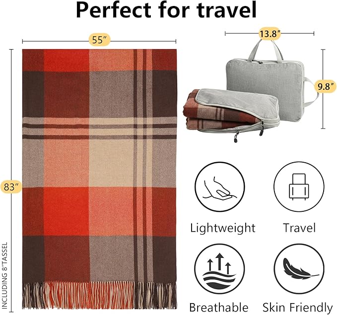 100% Wool Blanket Throw,Red Plaid Wool Blanket with Compact Bag, Rustic Soft Lightweight Blanket for Couch, Sofa, Bed & Lounging Decoration, Warm Travel Blanket for Home, Airplane,Ideal Gifts 55"x83"