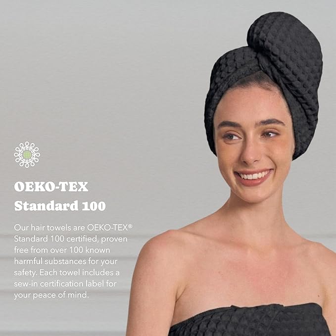 Luxury Organic Japanese Cotton Hair Drying Waffle Towel Wrap for Women | Absorbent, Quick-Dry Head Turban for Shower, Sauna, Spa | Extra Large for Long, Curly, Straight Hair With Button (Black, 2 Pc)