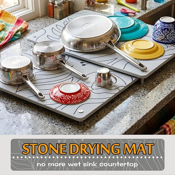2PCS Nesting Stone Drying Mat for Kitchen Counter, Diatomaceous Earth Dish Drying Mat with Non-Slip Feet, Quick Dry Stone Mats Kitchen, Heat Resistant Stones Dish Dry Mats for Bottle Cup