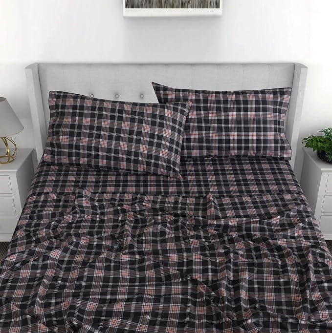 RUVANTI Flannel Sheets Queen Size - 100% Cotton Double Brushed Bed Sheets, Deep Pockets 16 Inches Queen Sheet Set, All Seasons Breathable & Extra Soft - Warm & Cozy, 4 Piece, Peach & Black Plaid