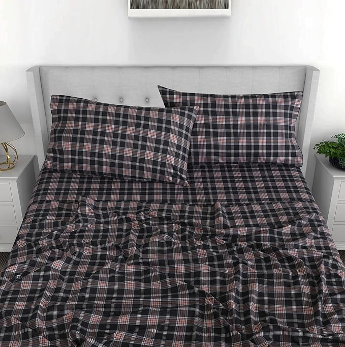 RUVANTI Flannel Sheets Full Size - 100% Cotton Double Brushed Bed Sheets Set, Deep Pockets 16 Inches, All Seasons Breathable & Extra Soft Full Sheets, Warm & Cozy, 4 Piece, Peach & Black Plaid