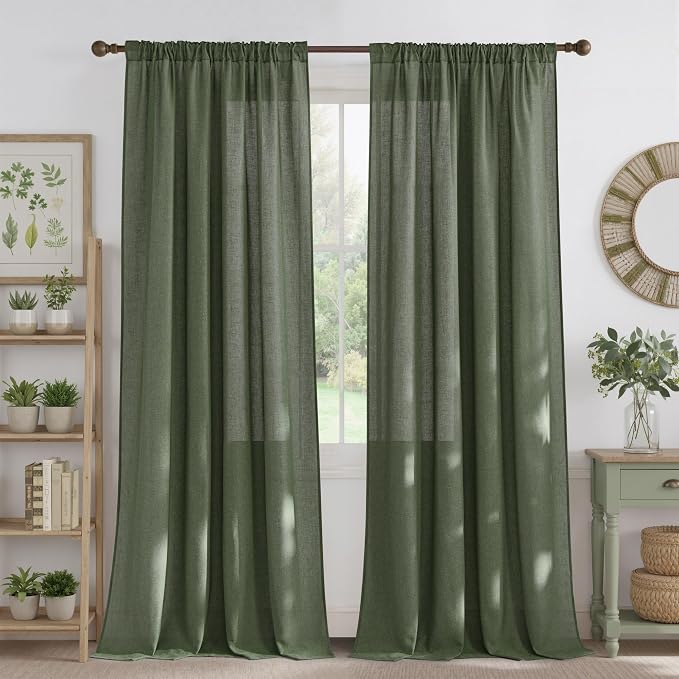 NICETOWN Thick Linen Blend Semi Sheer Forest Green Curtains, Pleat Tape Privacy Added Drapes with Light Filtering Window Treatments for Bedroom/Living Room, W52 x L95, 2 Panels