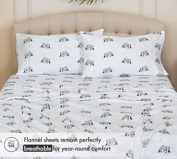 RUVANTI Flannel Sheets Queen Size - 100% Cotton Double Brushed Bed Sheets, Deep Pockets 16 Inches Queen Sheet Set, All Seasons Breathable & Extra Soft - Warm & Cozy, 4 Piece, Soul Dog White
