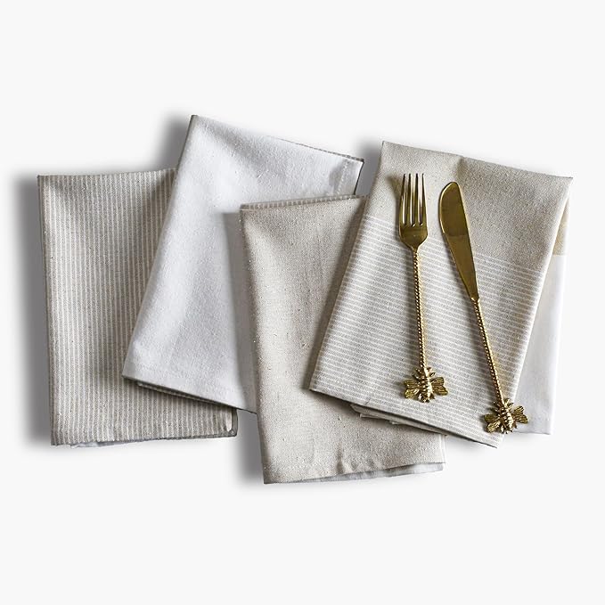 Ramanta Home Cloth Napkins Set of 4 18x18 Inches - Spring Basket Decor Block Striped Dinner Napkins for Easter Farmhouse Wedding, Washable Soft Cotton Durable Table Linen for Everyday Use - Beige