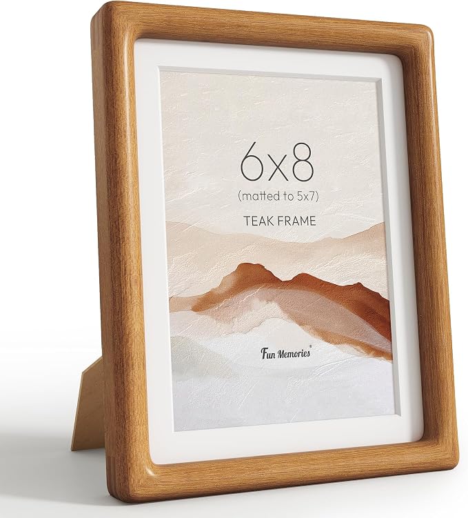 6x8 Picture Frame, USA-Sourced Teak Wood Photo Frames with HD Tempered Glass, Display Photo 5x7 with Mat or 6x8 Without Mat, 5x7 Frame for Tabletop or Wall Display, Teak Color, 1 Pack
