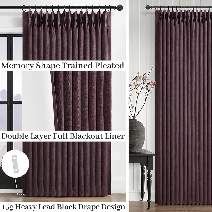 Dark Purple Blackout Pinch Pleated 84 Inch Bedroom Curtains 2 Panels Set, Memory Trained Thermal Noise Cancelling Double Layer Natural Linen Viral Windows Drapes for Living Room Light Blocking 7 FT