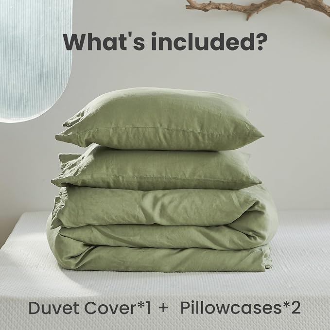 Simple&Opulence 100% Linen Duvet Cover Set 3pcs with Coconut Button Closure Natural French Washed Flax Solid Color Soft Breathable Farmhouse Bedding - Sage Green, Full Size