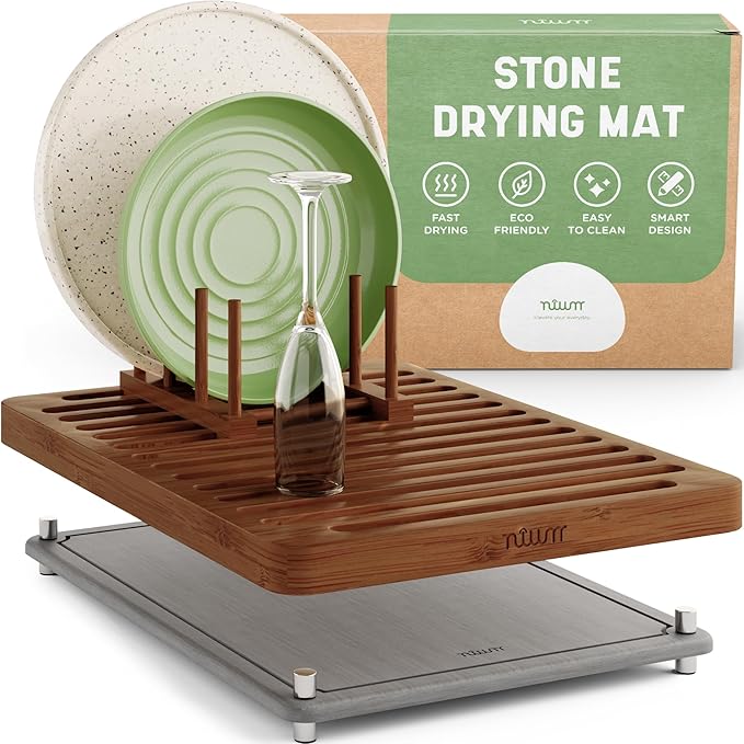 NIUM Stone Drying Mat for Kitchen Counter & Bamboo Rack - 16″x12″ | Diatomaceous Earth Dish drying mat Ultra Absorbent & Fast Drying - EcoFriendly with Non-Slip Pads & Anti-Moisture Design