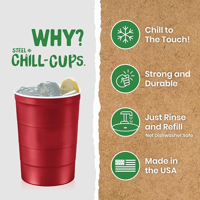 Steel Chill Cups 16 oz. Party Cups, Perfect for Cold Drinks, Sturdy & Durable, Disposable and 100% Recyclable, Made in USA, Red, 12 Count