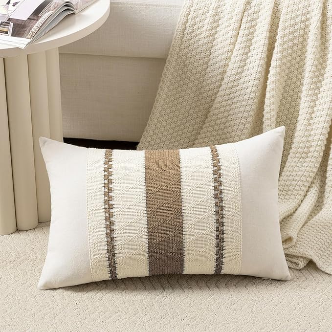 Fancy Homi Set of 1 Boho Light Brown Long Lumbar Decorative Throw Pillow Cover 14x24 Inch for Couch Bed Sofa Chair, Modern Organic Farmhouse Home Decor, Soft Cotton Cute Accent Rectangle Cushion Case