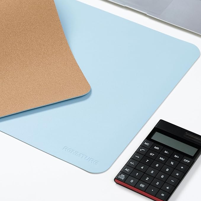RENMTURE Dual-Sided Large Desk Pad, Faux Leather Natural Cork Mouse pad, Desk Accessories Protector, for Office and Home Work (Light Blue, 23.6" x 13.7")