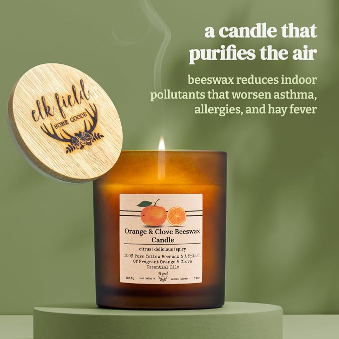 Orange Clove Organic Beeswax Candle, 14 oz | 2 Ingredients | 100% Pure Beeswax Candles, Non Toxic, Natural, Essential Oil Scented, Jar, 80 Hour
