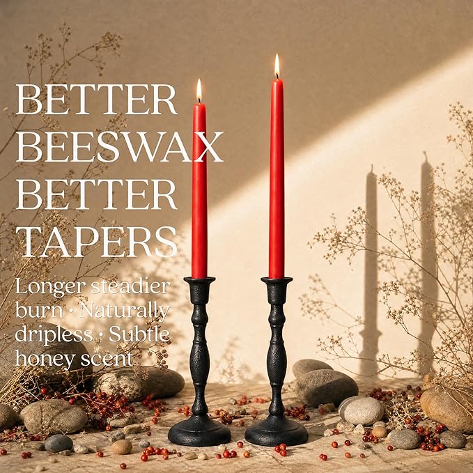 Bluecorn Beeswax Taper Candles, 100% Pure Natural Bees Wax, Pair of 12 Inch Red Tapered Candlesticks, Clean Burning & Dripless, Fragrance Free, Long Lasting, Home Decor, American Made, 1 Count
