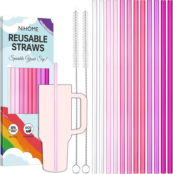 NiHome 12-Pack Plastic Reusable Drinking Straws Fit for Stanley 40 oz 30oz 64 oz Tumbler, 6 Color 12 In Reusable Straws Fit for Stanley Cups, 2 Brushes, BPA-Free for Cold & Hot Drinks (Gradient Pink)