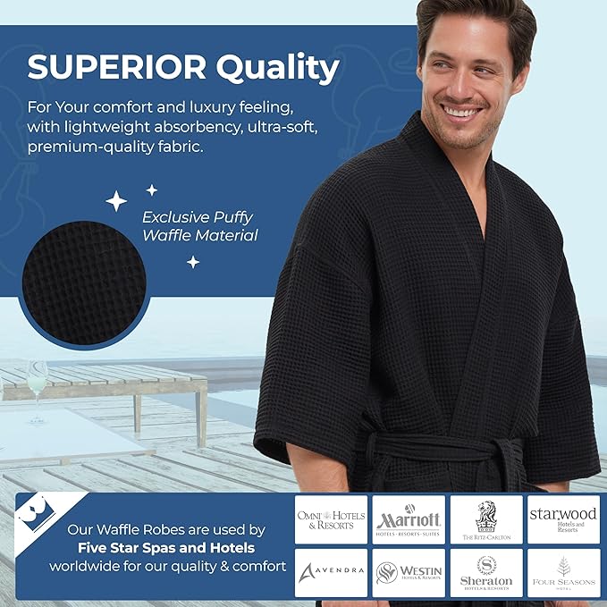 MONARCH Unisex Square Waffle Spa Kimono Robe – Soft Lightweight Fabric & Generously Sized Hotel & Spa Robe with Pockets