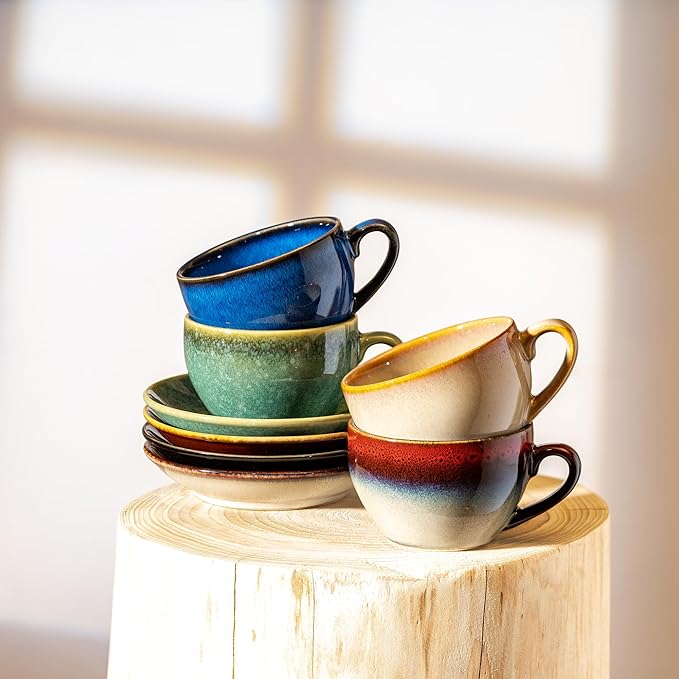 Porcelain Coffee Cup with Saucer Spoon Set, Vintage Design Ceramic Latte Art Cappuccino Barista Espresso Tea Cup with Saucer (11.6 oz, 350ml, Ink red)