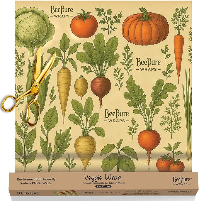 Reusable Beeswax Food Wrap Roll – Bees & Veggies (15”×80”)