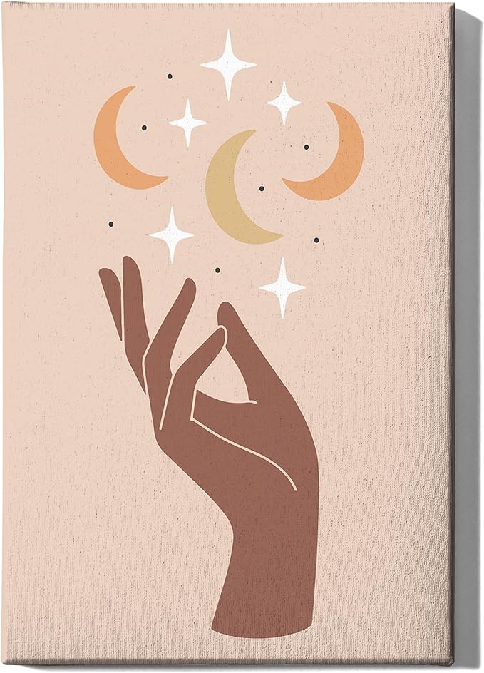 Mystical Hand Wrapped Canvas Wall Art Celestial Moon and Stars Earth Tones Terracotta 24x36 Inch Gallery Stretched Modern Spiritual Home Art Decor