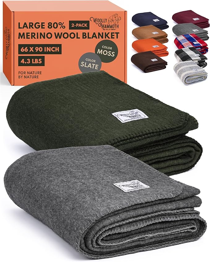 Woolly Mammoth 2-Pack Merino Wool Blanket, 66" x 90", Slate & Moss | Temperature Regulating - Fire-Resistant - Warm Camping Blanket for Car Emergency Kits, Picnics, Summer Festivals and Stadiums
