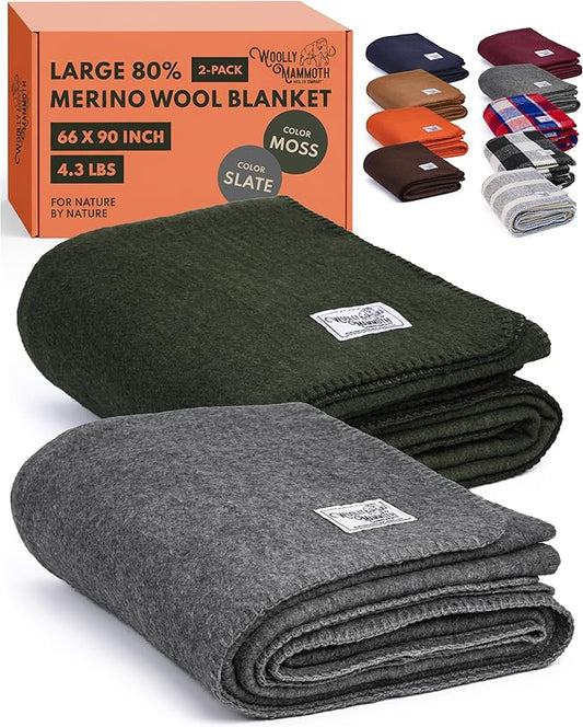 Woolly Mammoth 2-Pack Merino Wool Blanket, 66" x 90", Slate & Moss | Temperature Regulating - Fire-Resistant - Warm Camping Blanket for Car Emergency Kits, Picnics, Summer Festivals and Stadiums