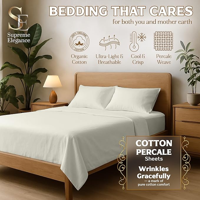SUPREME ELEGANCE 3Pc 100% Organic Cotton Twin Bed Sheets Set, Light Ivory, Cooling Percale, Deep Pocket Fitted Sheet, Fits 14" Mattresses, Breathable Bed Sheets & Pillowcases Set, Crisp Bedding