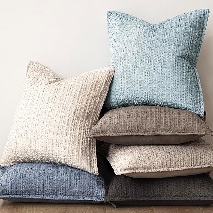 Foindtower Set of 2 Decorative Cotton Waffle Weave Throw Pillow Covers Euro Shams Cushion Covers Accent European Pillowcase for Bed Couch Sofa Bedroom Living Room Home Decor 18×18 Inch Light Blue