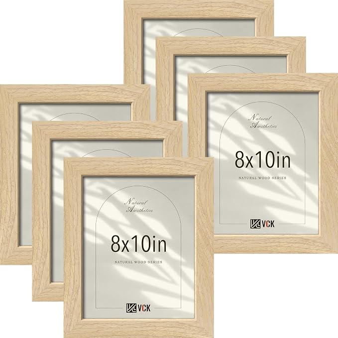 VCK 8x10 Picture Frame Set of 6, Natural Wood Beige Photo Frame, Exclusive Wood Grain, for Home, Office, Gallery, Woodgrain Series, Tabletop & Wall Hanging