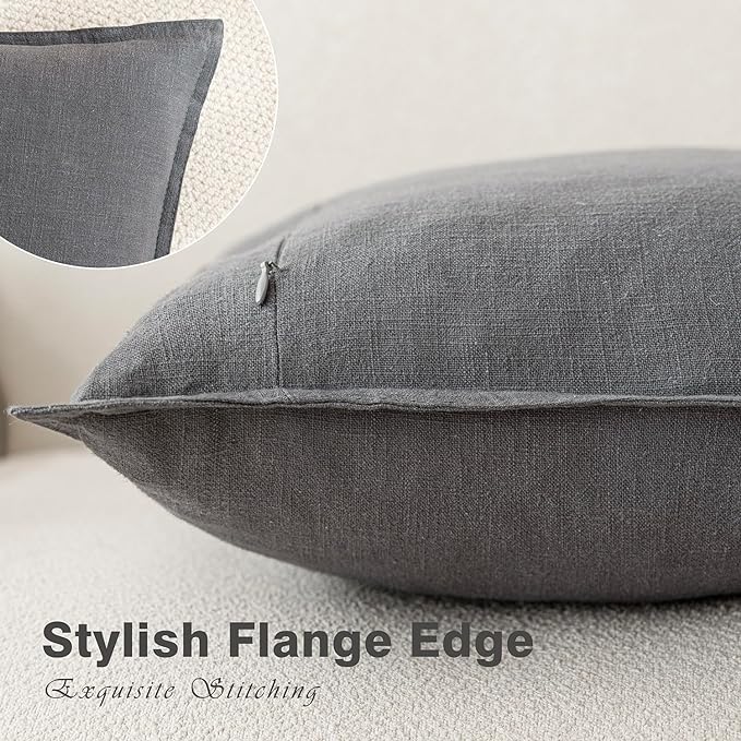 Foindtower Pack of 2, Decorative Linen Soild Throw Pillow Covers Soft Accent Square Cushion Case Boho Farmhouse Pillowcase for Chair Couch Sofa Bedroom Living Room Home Decor 16 x 16 Inch Grey