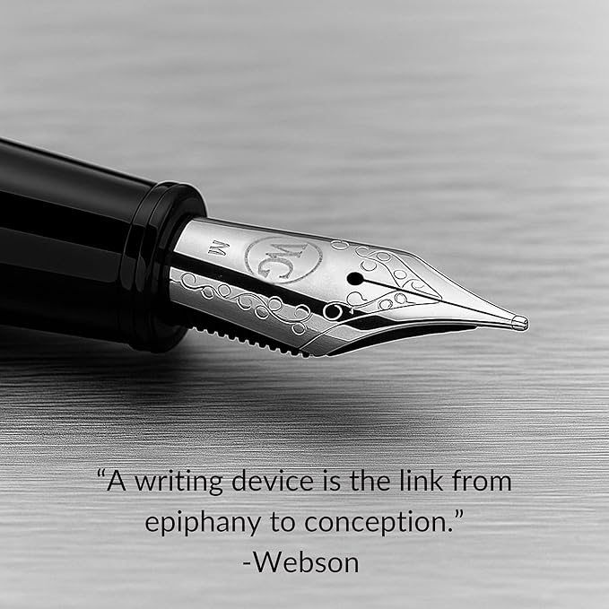 'The Boss' Black Luxury Executive Fountain Pen, Polished Lacquer, Chrome Accents, Stainless Steel Nib, Easy Refill Ink Piston Converter, Smudge Free, No Bleed, Fits Our Instant Insert Ink Cartridges