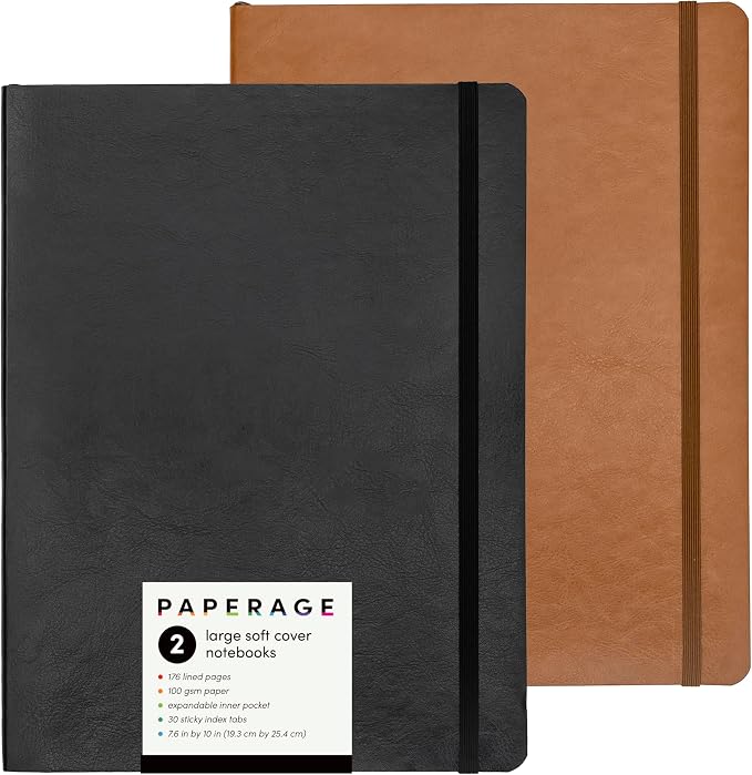 PAPERAGE 2-Pack Softcover Lined Journal Notebook (Black & Cognac), 176 Pages, Large B5 College Ruled Notebook, 7.6 inches x 10 inches - 100 GSM Thick Premium Paper, Leather Journal for Home, Work & School