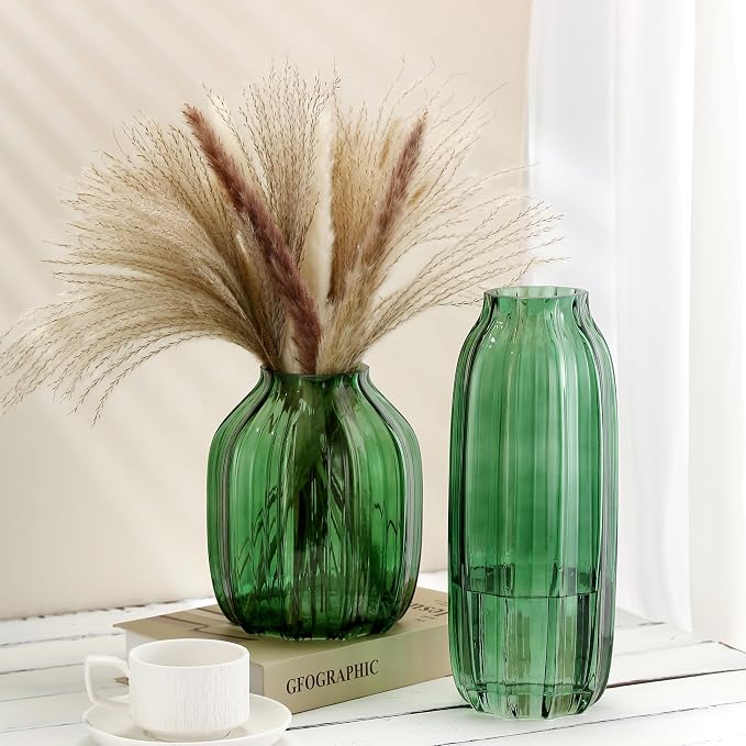 Green Glass Vase for Flowers Bud Tall Glass Vases,H-8.0" Simple Striped Design for Home Floor Decor,Farmhouse Decor, Centerpiece Coffee Table Decorations (Green 8.0IN)