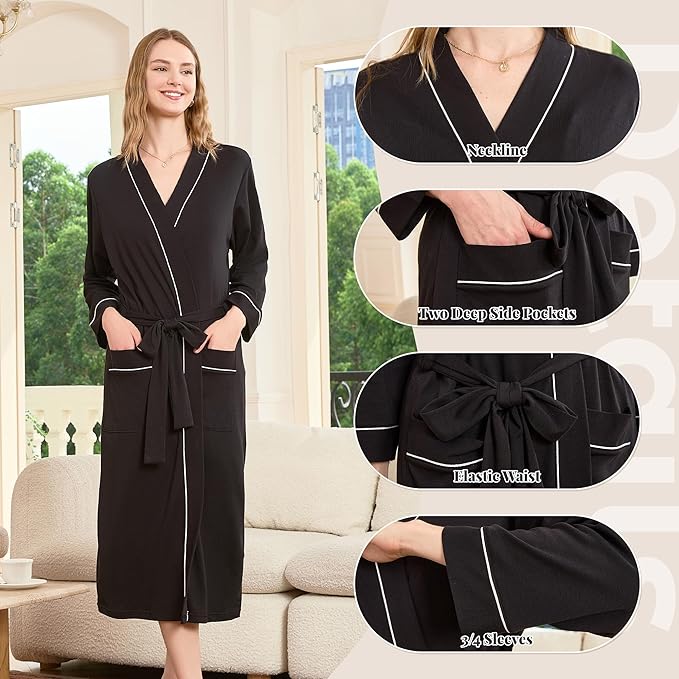 HEARTNICE Womens 100% Cotton Robe, Soft Kimono Spa Long Bathrobe Lightweight Loungewear