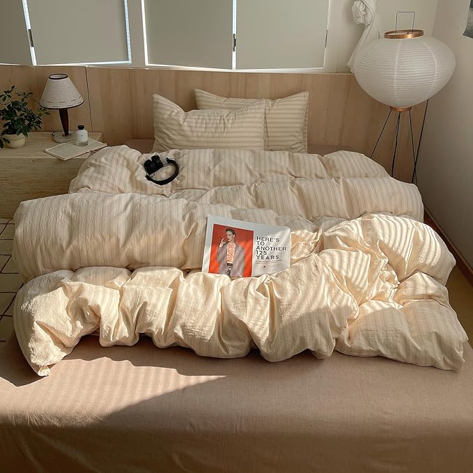 mixinni Retro Striped Duvet Cover Set Twin XL Size - 100% Washed Cotton Beige Duvet Cover with Black White Stripes, Soft Breathable 3 Piece Comforter Cover with Zipper Closure & Corner Ties