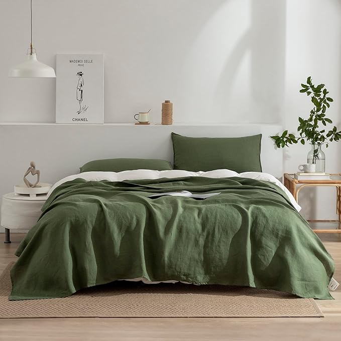 EVERLY Linen Twin Sheets Set, 100% Stonewashed French Linen Bed Sheets Deep Pocket Sheets, 3 Pieces (1 Flat Sheet, 1 Fitted Sheet, 1 Pillowcase) Natural Flax Bedding Set, Mossy Green