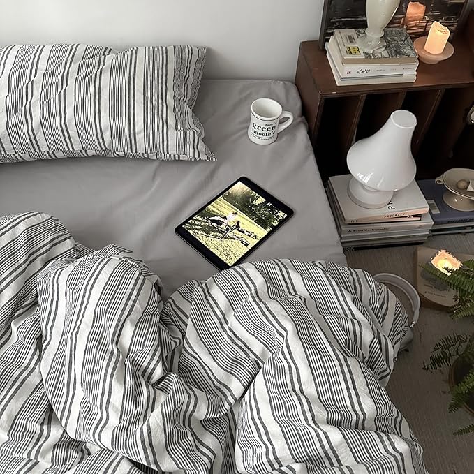 mixinni Vintage Gray & White Striped Duvet Cover Set - 3 Piece 100% Washed Cotton Twin XL Size Bedding | Minimalist Gender-Neutral Design | Ultra-Soft Breathable, with Zipper Closure & Corner Ties
