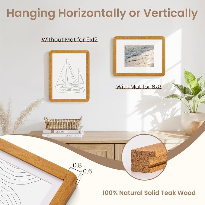 Fun Memories 9x12 Picture Frame - Solid Teak Wood Frame with Real Glass, 9x12 Wooden Frame with Mat for 6x8, Perfect for Horizontal or Vertical Hanging by Wall, Natural Teak