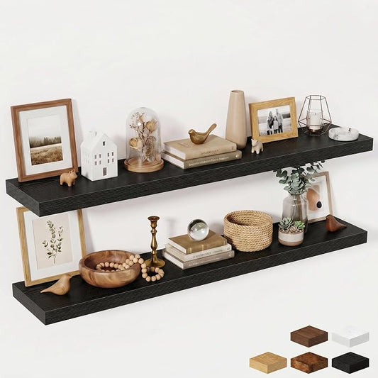 Fun Memories 55 Inch Fireplace Mantel Shelf, 10 Inch Deep Shelves for Display & Wall Storage, Rustic Wood Wall Shelf, Extra Long Floating Shelves for Living Room Laundry Room, Black, Set of 2