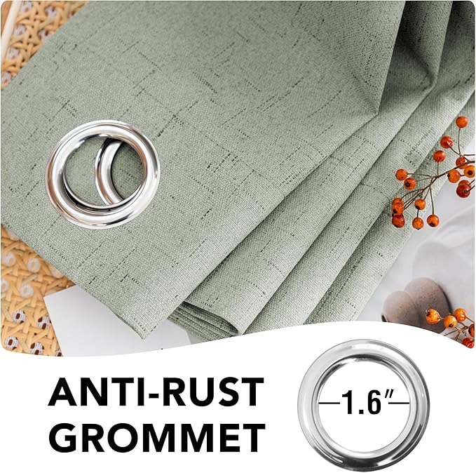 H.VERSAILTEX Linen Curtains 100% Blackout Curtains for Bedroom 102 inch Long Full Light Blocking Nature Linen Blended Window Curtains for Living Room Nickel Grommet (2 Panels, Sage)